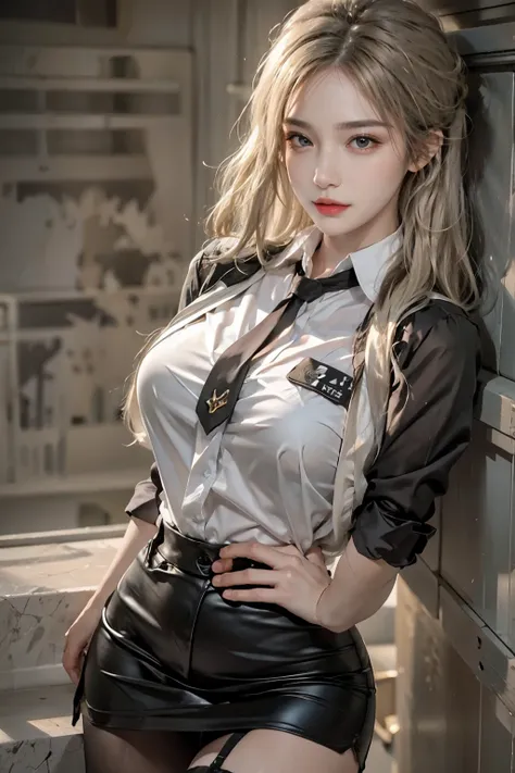 realistic, High resolution, soft light,1 female, alone, hip up, glowing skin, (detailed face),tattoo, jewelry, Secretarial Uniform, white shirt, black skirt, black stockings, garter belt, night, blonde hair, wavy hair, Beautiful Soldier, Eyes that invite t...