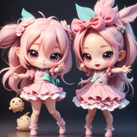 cute baby chibi anime、(((chibi 3d))) (highest quality), (pieces fly)、Chibi Fairy、Stained glass feathers、move your hands in a circular motion、floating in the air、face becomes smaller、jewelry costume、open your mouth and smile、slutty makeup、detailed face、whol...