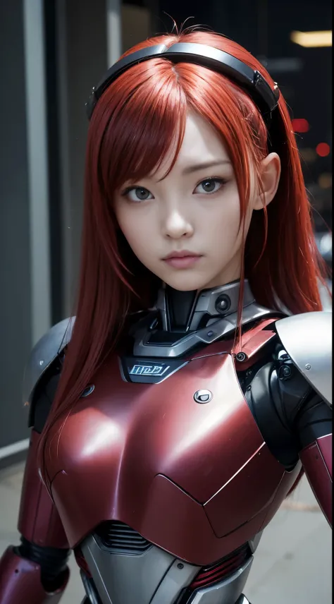 (Photorealsitic:1.4)、red hair girl with１a person、(top-quality),(hyperdetailed face)、(Super well-formed face)、((Robot Parts))、(Cyborg girl)、(pink there)、(Burgundy)、(metalic)、(full bodyesbian)、(Moe Pose)、(thin)、(tits out)、(Model body type)、(mecha exposure)、(...