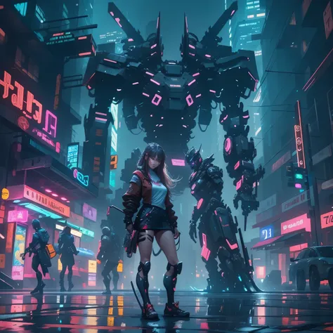 Wet day，Mecha，enemy，Girl Warrior，high rise construction，night，neon light