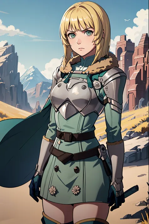 masterpiece, best quality,  hopesingrid, medium hair, bob cut, bangs, shoulder armor, breastplate, green coat, fur trim, gauntle...