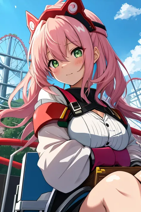 In the heart of an exhilarating anime theme park, a roller coaster named "Dragons Fury" soars high against the vibrant blue sky. Surrounded by the thrilling atmosphere of chest-thumping bass and the intoxicating scent of popcorn, an enchanting anime girl n...