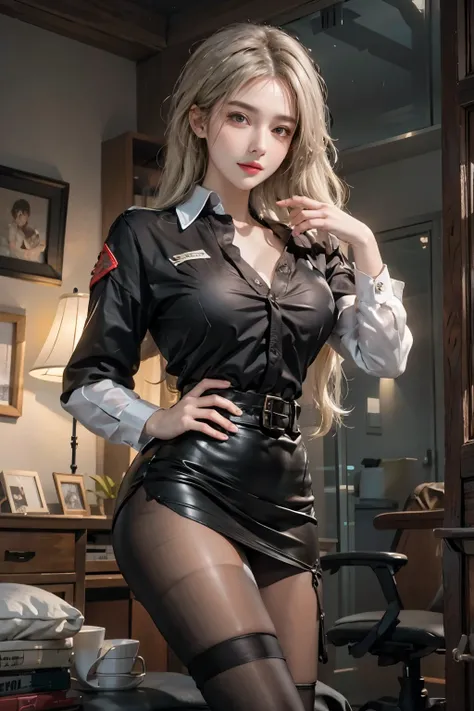 realistic, High resolution, soft light,1 female, alone, hip up, glowing skin, (detailed face),tattoo, jewelry, Secretarial Uniform, white shirt, black skirt, black stockings, garter belt, night, blonde hair, wavy hair, Beautiful Soldier, Eyes that invite t...