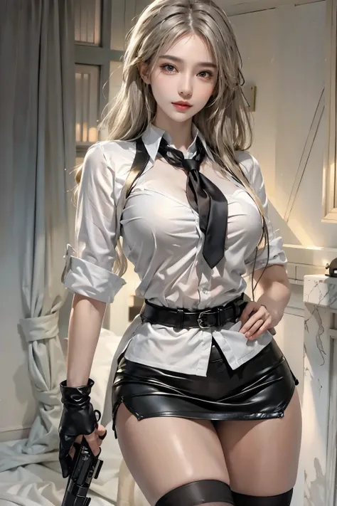 realistic, High resolution, soft light,1 female, alone, hip up, glowing skin, (detailed face),tattoo, jewelry, Secretarial Uniform, white shirt, black skirt, black stockings, garter belt, night, blonde hair, wavy hair, Beautiful Soldier, Eyes that invite t...