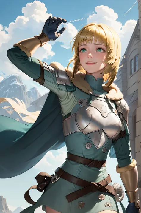 masterpiece, best quality, hopesingrid, medium hair, bob cut, bangs, shoulder armor, breastplate, green coat, fur trim, gauntlets, blue gloves, belt, upper body, mountains, sky, clouds, from side, looking up, smile, tears in eyes