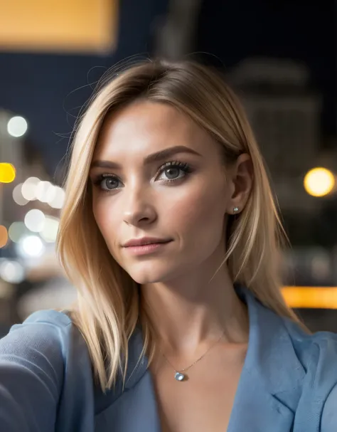 (photo de selfie, d&#39;en haut: 1.4), (portrait demi-corps: 1.4), Blonde de 24 ans (femme aux yeux bleus) marcher dans un bar photo portrait RAW uhd, Sein naturel_b, city background at nuit, (Robe d&#39;été jaune), (fissure), détaillé (texture!, Cheveux!,...