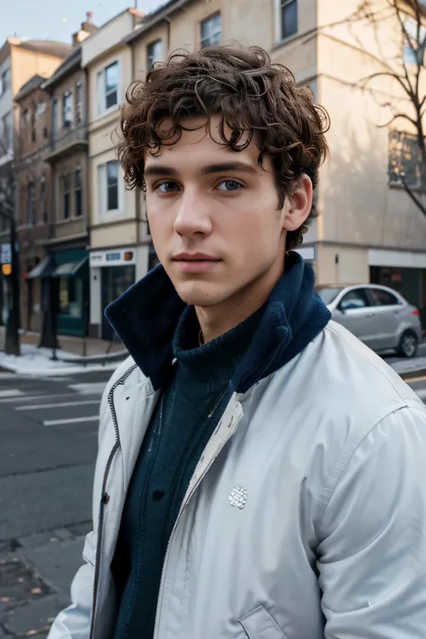 24 year old, white man with curly light brown short hair, amber green eyes, street photo, winter day, wearing a navy blue jacket, with scattered contours and white background and blue sky, intricate details, low key, watercolor, splash