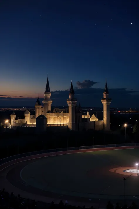 night NHL stadium and Gothic castles in the background