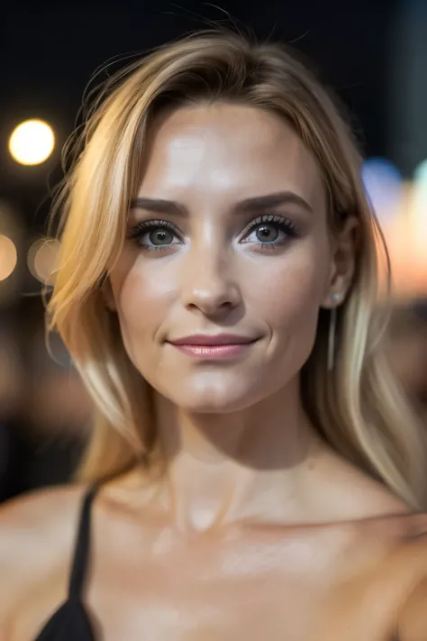 (photo de selfie, d&#39;en haut: 1.4), (portrait demi-corps: 1.4), Blonde de 24 ans (femme aux yeux bleus) marcher dans un bar photo portrait RAW uhd, Sein naturel_b, city background at nuit, (Robe d&#39;été jaune), (fissure), détaillé (texture!, Cheveux!,...