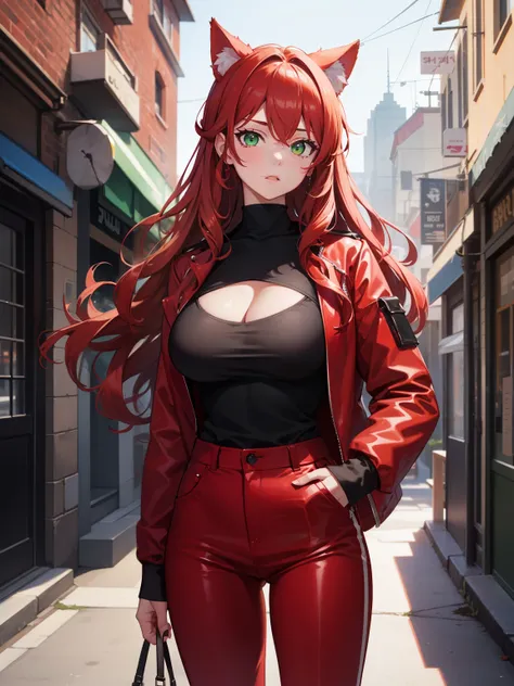 high quality, award winning, highres, 8k (masterpiece), best quality, expressive eyes, perfect face ,  city alley background
1 girl , mature woman , red wavy hair , green eyes ,red black jacket , black pants , big breasts , cat ears , 
