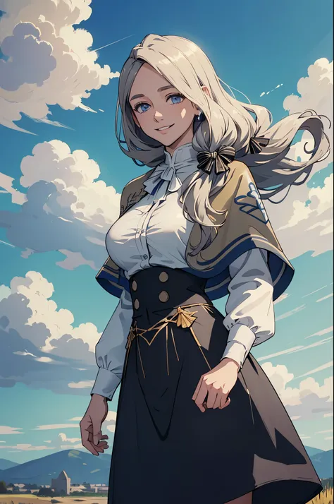 masterpiece, best quality, cowboy shot ,realistic, best quality, masterpiece, realistic ,defMercedes, capelet, hair bow, white shirt, black skirt, blue leggings, upper body, standing, large breasts, cathedral, sky, cloud, outdoors, smile, serene, hands to ...