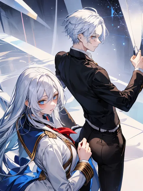 A boy with white hair and blue eyes and a girl with long white hair golden eyes and huge ass, school uniform, modern