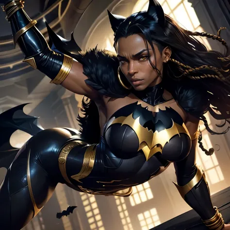 African male batman, bruce Wayne, (with sexy female African Catwoman), batmobile, gold jewelry, in bat cave, bat wing, dreads, falling from building 