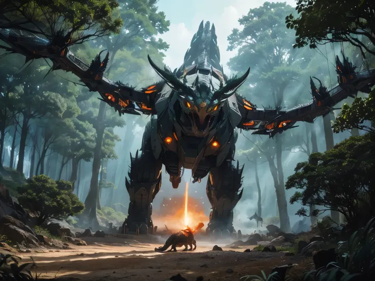 The battle takes place in a vast, ancient forest.
The prehistoric Robot Dragon, while the futuristic Robot dragon fires lasers from its eyes.
The prehistoric dragon is larger and stronger, but the futuristic Robot dragon is faster and more agile. (Realisti...