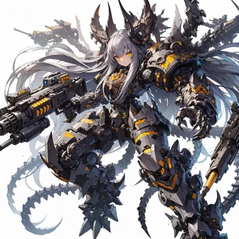 Masterpiece, best quality, ultra-detailed, anime style, full body of Chaos mechanized Demon girl, Mechanized limbs, heavy weapons mounted on arms, dull silver power armor, yellow stripes, strong claw and tail, Warhammer 40K, 8k high resolution, trending ar...