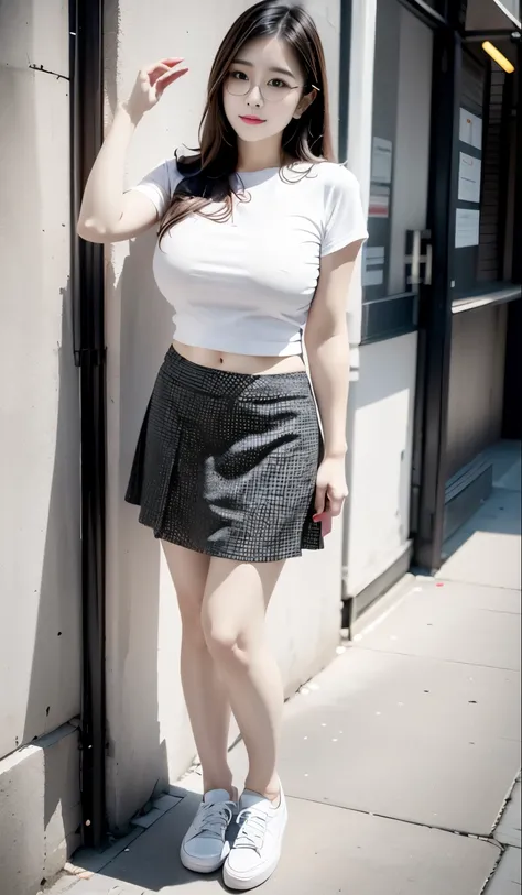 Asian mix eurasian, mature woman, medium hair, nice look, full body tattoos, huge breast, wearing t-shirt an wearing Skirt, chubby armed, chubby thigh, perfect belly, glasses, wearing a sneakers