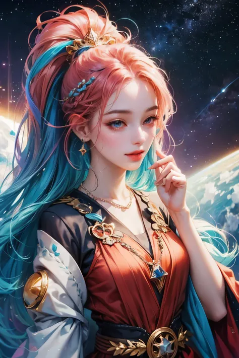 close-up of a woman with colorful hair and necklace, anime girl with space hair, rossdraws soft vibrancy, art in the gviz style,...