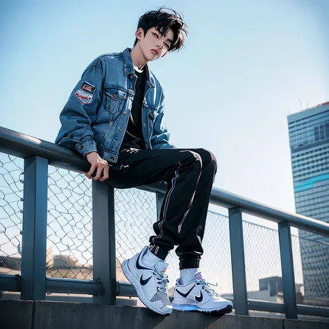 1 Korean young men，male，20 years old，High，Height 180 cm，Hair is medium length，denim jacket，black pants，white nike shoes，White sport socks，Sit on the railing，legs open，Badass anime 4k ，POV perspective，Proud，Cold，looking into camera