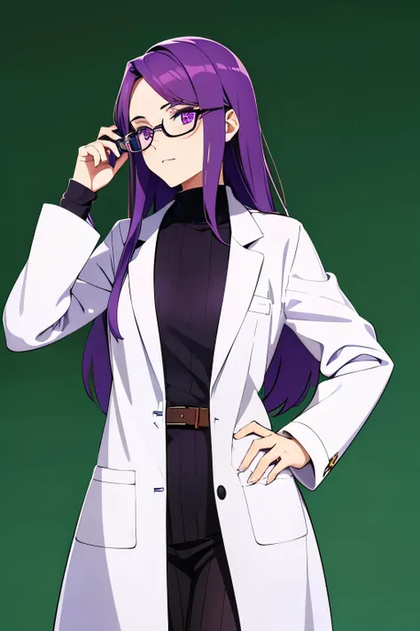 1girl, long purple hair, purple eyes, wearing white lab coat, wearing glasses, high res, ultrasharp, 8K, drinking coffee, intp, plain green background