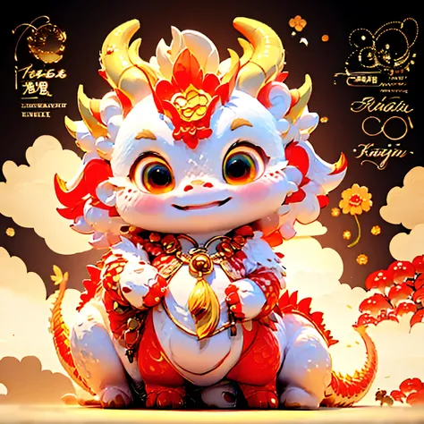 Chinese dragon,Dragon man,Fuchsia Chinese style clothing,blond,Surrounded by colorful mushrooms,The lower left corner is a little unicorn, Who is always cute
