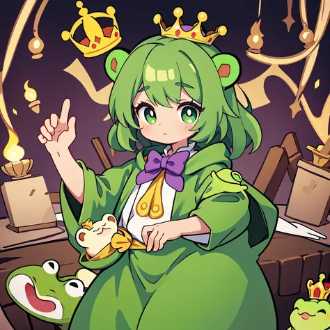 prince wearing crown and frog costume，he has a frog in his hand