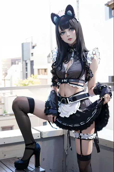 A woman wearing a cat costume is posing on a balcony, maid outfit, anime girl cosplay, cosplay of a catboy! maid! dress, anime girl in a maid costume, gorgeous maid, cosplay, anime cosplay, cosplay photo, maid dress, anime cat girl in a maid costume, maid ...