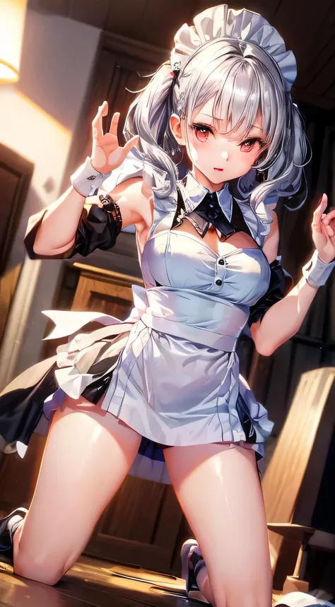 bright silver hair、beaver、Red-eyed、Kamimei、maids clothes、miniskirts、Slender beauties、(Thin leg）、above the handle、on the knees、spreads her legs、erotic、sexual、low angle、very embarrassing、beautiful lighting、Beautiful skins、masterpiece、high image quality、in 8K...