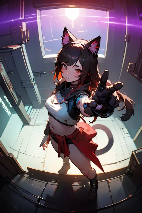 ((Masterpiece)), (best quality), (cinematic lighting), backlit, side light, small breast, pale body, (fisheye:1.2), from above, pov, (trival long loincloth), (put on cat ears), (cyberpunk night street:1.2), (Dynamic Pose), extending hand against pov, looki...