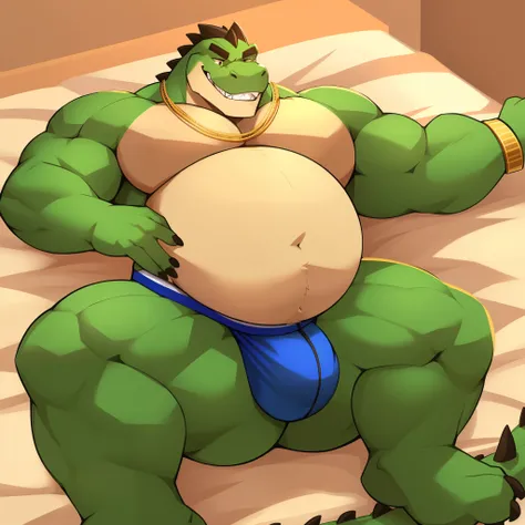 Solo, laying back, full frontal, big bulge, light green jockstrap, muscle gut, expanding belly, muscular male, pleased, needy expression, expanding bulge, enlarged breasts. Man, giant, stocky, gold necklace, bearing teeth, dragon, crocodile, pulling down j...