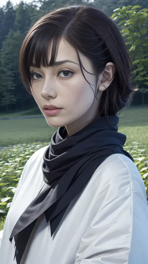 8k, best quality, masterpiece, actual, Super detailed, photo actual, Quality improvement, Photo of a girl wearing a scarf standing in a field, (脸部close up)，Dark brooding designer style, many qualities, Photo display, calm face, jagged edges, navy, natural ...