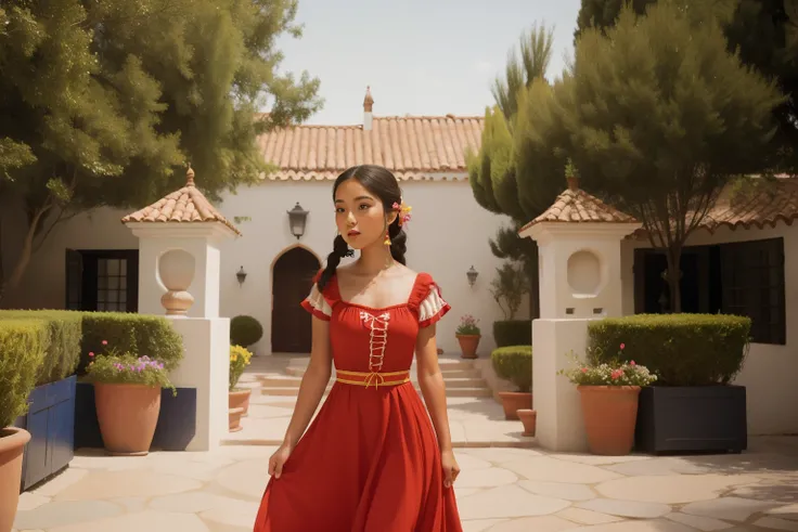 Within the vibrant courtyard of a Spanish hacienda in the 2010s, a fourteen-year-old Alaska Native girl, with a ribboned braid and a flowing flamenco dress, twirls with dramatic flair, her dress swirling in a mesmerizing dance amidst tiled archways and cas...