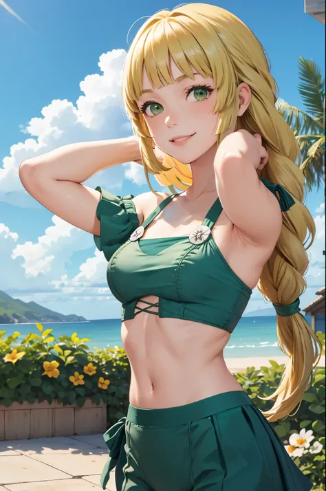 masterpiece, best quality, bangs, green swimsuit, green bikini, braided ponytail, looking at viewer, smile, garden, blue sky, clouds, upper body, cowboy shot, standing, hands behind back