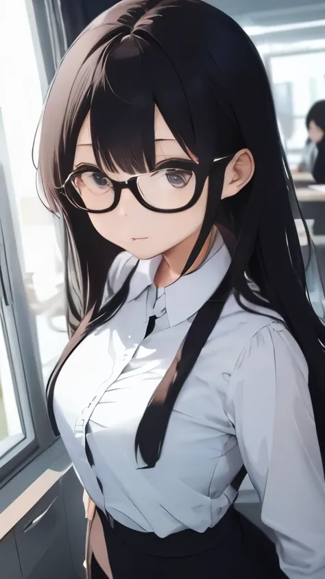 office lady、Wearing black glasses、beautiful、hair is black and long、eyes are big and clear、Serious woman、thin and slender、open chest