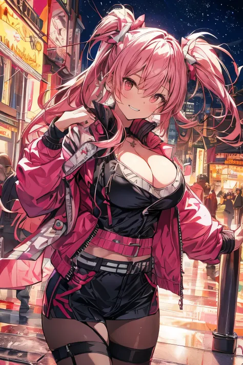 Woman, big breasts, pink hair, twin tails, scarlet eyes, pink jacket, small chin, showing cleavage, sexy pose, cross leg, night time, leaping scene, smiling, cheery expression