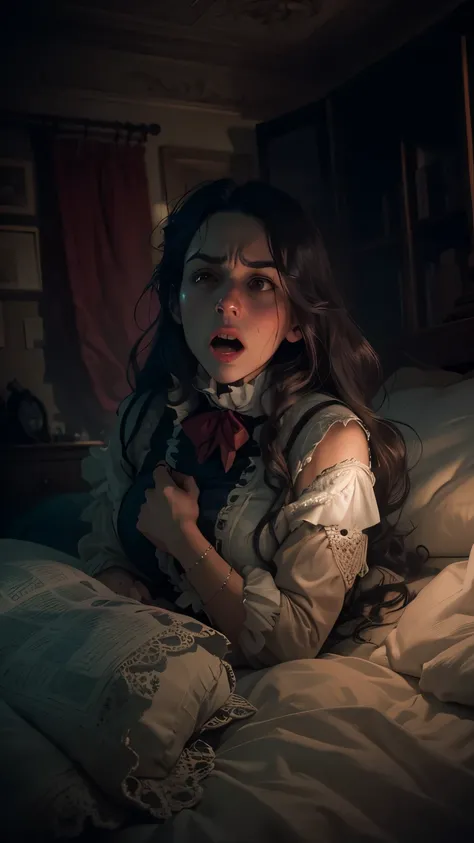 terrified woman in bed, (lighting, dark lighting, flickering lights), woman1, messy room, scary atmosphere, Victorian England, wide shot, In the bedroom, 미녀,