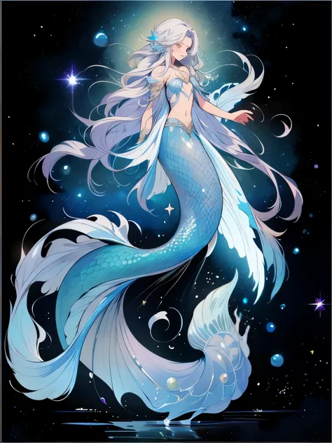 Mermaid with white hair and blue tail in the water, The stars are fish in the depths, sea goddess, jellyfish priestess, goddess in heaven, sea goddess, goddess of space and time, Astral ethereal, Astral Fairy, in the astral plane ) ) ), space goddess, Faer...