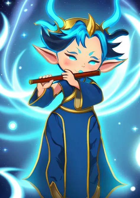 Cartoon illustration of a horned woman playing the flute, Blue Elf, chibi, Lord of strange beliefs ( and long, tiefling bard, maintain posture, Blue-skinned elves, 《Genshin》Ke Qingyu, windmage!, blue tiefling, Inspired by Master Guanwen, wizard smoking pip...