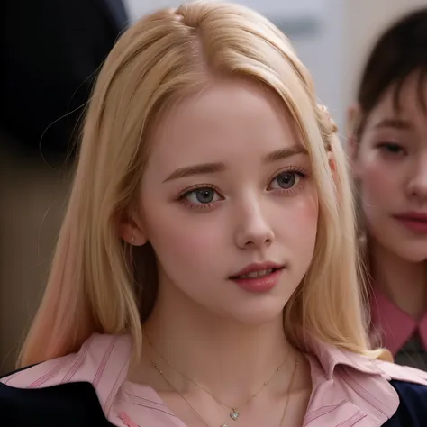 blonde woman with a necklace and a pink shirt looking at the camera., rachel mcadams, gwen stacy, sil de especie, betty cooper, ...