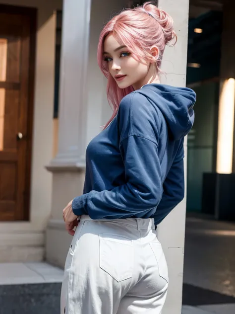 engfa, beautiful girl with blue eyes and pink hair, wearing a white pants and a dark blue sweatshirt, smiling, photo from her ba...