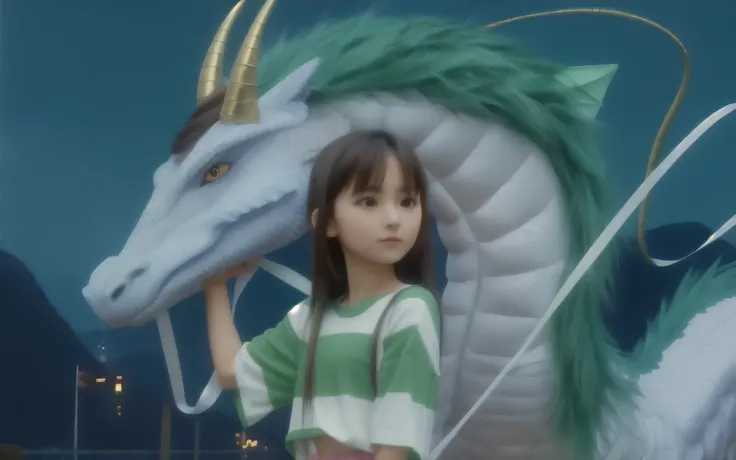 girl in a striped T-shirt, stands next to a dragon with a green mane and horns 