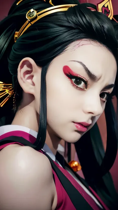 anime character with green eyes and a black hair with a gold crown, onmyoji portrait, screenshot from the anime film, still from anime, onmyoji detailed art, zhongli from genshin impact, nezuko, maya fey from ace attorney, demon slayer artstyle, onmyoji, t...