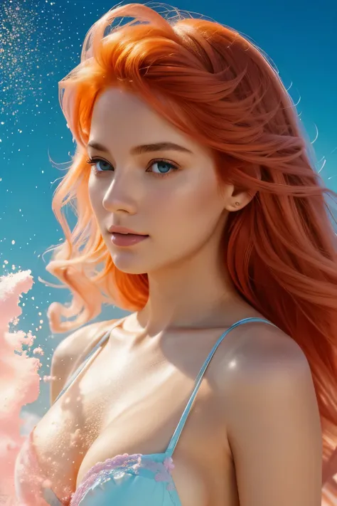 A bust of a beautiful orange-haired, colossal breasted, woman, looking at the camera, blending with the enchanting pastel colors. In this mesmerizing image, we are presented with a captivating sight of pastel-colored powder exploding in every direction, be...