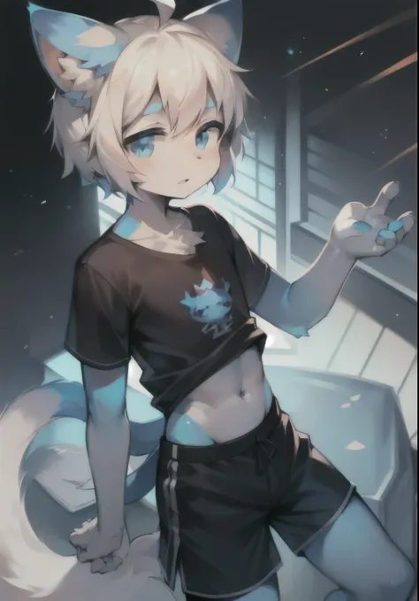 A cat with white hair and blue body, short furry hair, white hair, cat ears, blue hair everywhere, big fluffy tail, humanoid, cute, shorts, shirt, human, furry male, thin, blue eyes, bikini shorts