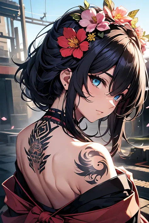 masterpiece, top quality, best quality, official art, beautiful and aesthetic:1.2),1girl, tattoo, solo, japanese clothes, red and black kimono, hair ornament, unsheathing, black hair, sheath, back tattoo, dragon tattoo, blue eyes, off shoulder, bare should...