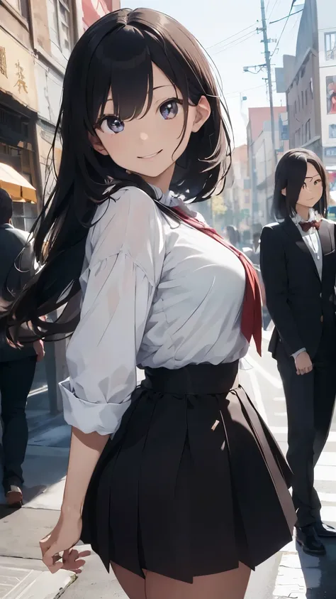 ((best quality)), ((masterpiece)), (detailed), perfect face，good body shape，Anterior convex and posterior，long hair，Smile，Three people，Wear professional attire，asian women，Can be used as a screensaver，HD，depth of field，short skirt，Genshin