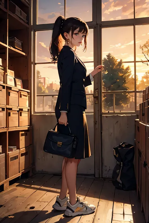 a woman nostalgic for the past, an old storeroom with a broken window in the park, suit, pencil-skirt, bag, tiny earrings, sneakers, drooping eyes, realistic skin, downtown, trees, old fences and shelfs, sunset view,