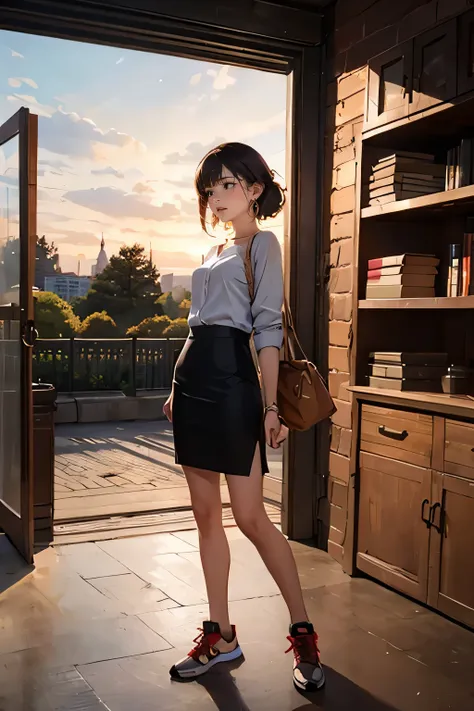 a woman nostalgic for the past, an old storeroom with a broken window in the park, suit, pencil-skirt, bag, tiny earrings, sneakers, drooping eyes, realistic skin, downtown, trees, old fences and shelfs, look at the sunset from the window,