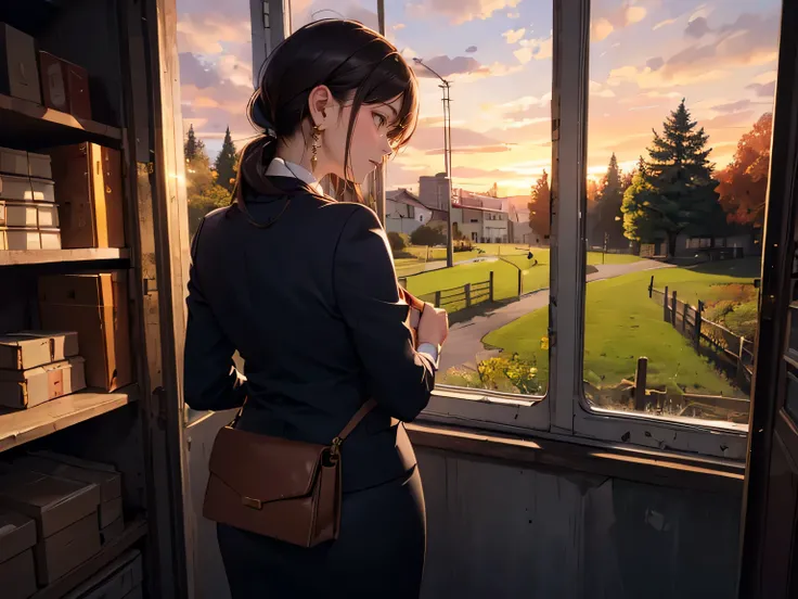 a woman nostalgic for the past, an old storeroom with a broken window in the park, suit, pencil-skirt, bag, tiny earrings, drooping eyes, realistic skin, downtown, trees, old fences and shelfs, look at the sunset from the window, angle from back below,