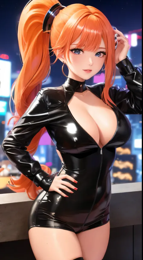 1 girl, (((bimbo))),Ring Earrings, plump lips, painted lips, thin lips. orange hair, Short ponytails, wide hips, thick thighs, latex tight pants, burst breasts Nightlife, night city, Cyberpunk-city, futuristic cityscape. neon lights, (skyscraper:1.1), toky...