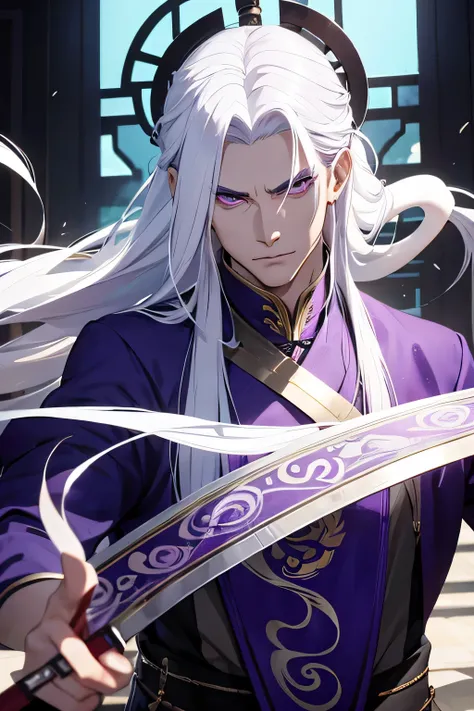 Chinese villain, handsome, cool, White snake, white hair, long hair, purple eyes, holding a fan, Shadows of 8 other people.